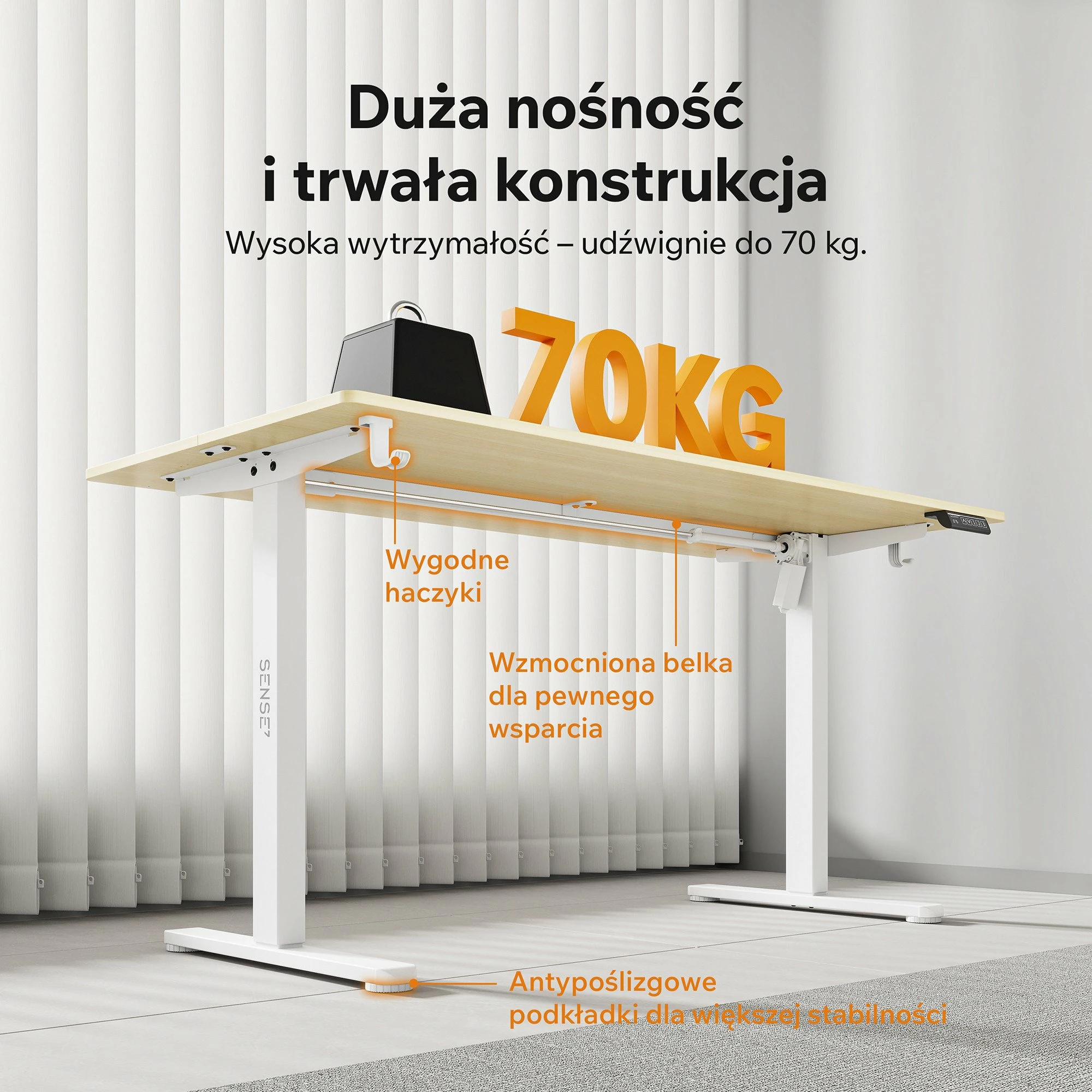Tavolinë zyre/gaming elektrike SENSE7 NOJO LIGHT 140x70 cm, rregullim lartësie 72-118 cm, max 70 kg, kafe e çelët/bardhë, me mbajtëse kufjesh/çantë 2 copë