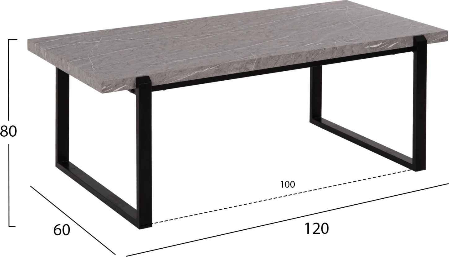 Tavolinë kafeje FH9585.02 MDF, sipërfaqe tavoline ngjyrë mermeri gri, bazë metalike e zezë, 120x60x46 cm