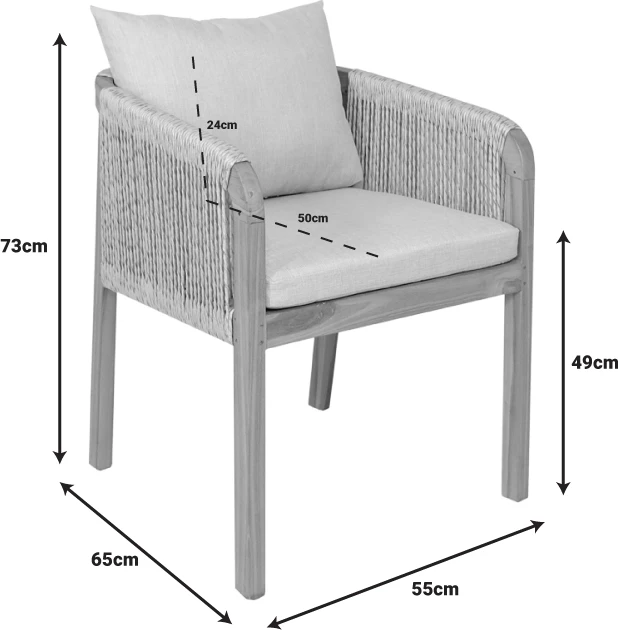 Karrige Clarin, skelet dru teak dhe litar pe, ngjyrë natyrale, 55x65x73cm