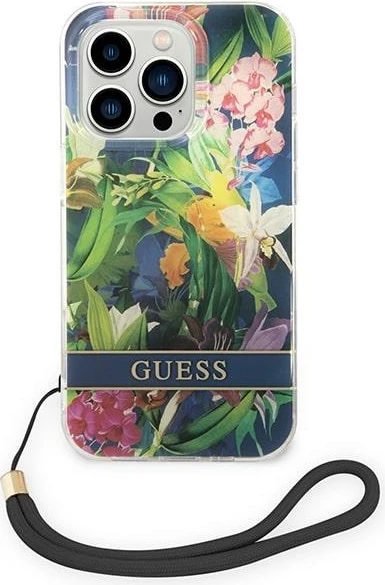 Mbështjellës Guess GUOHCP14LHFLSB për iPhone 14 Pro 6.1", Flower Strap, Blu