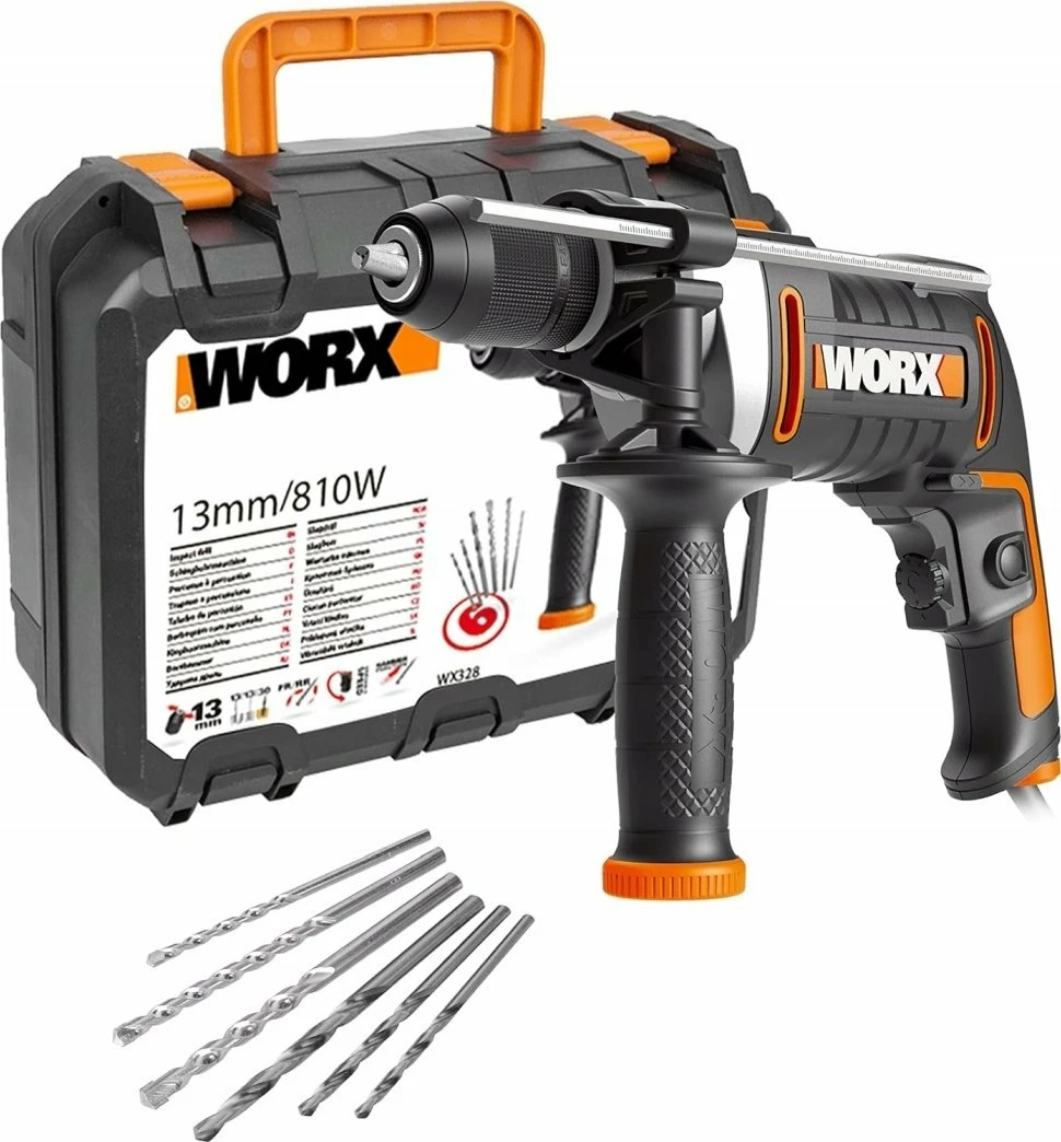 Burgji çekiç Worx WX328 810W, 13 mm, me valixhe dhe set burgjish, zi/portokalli