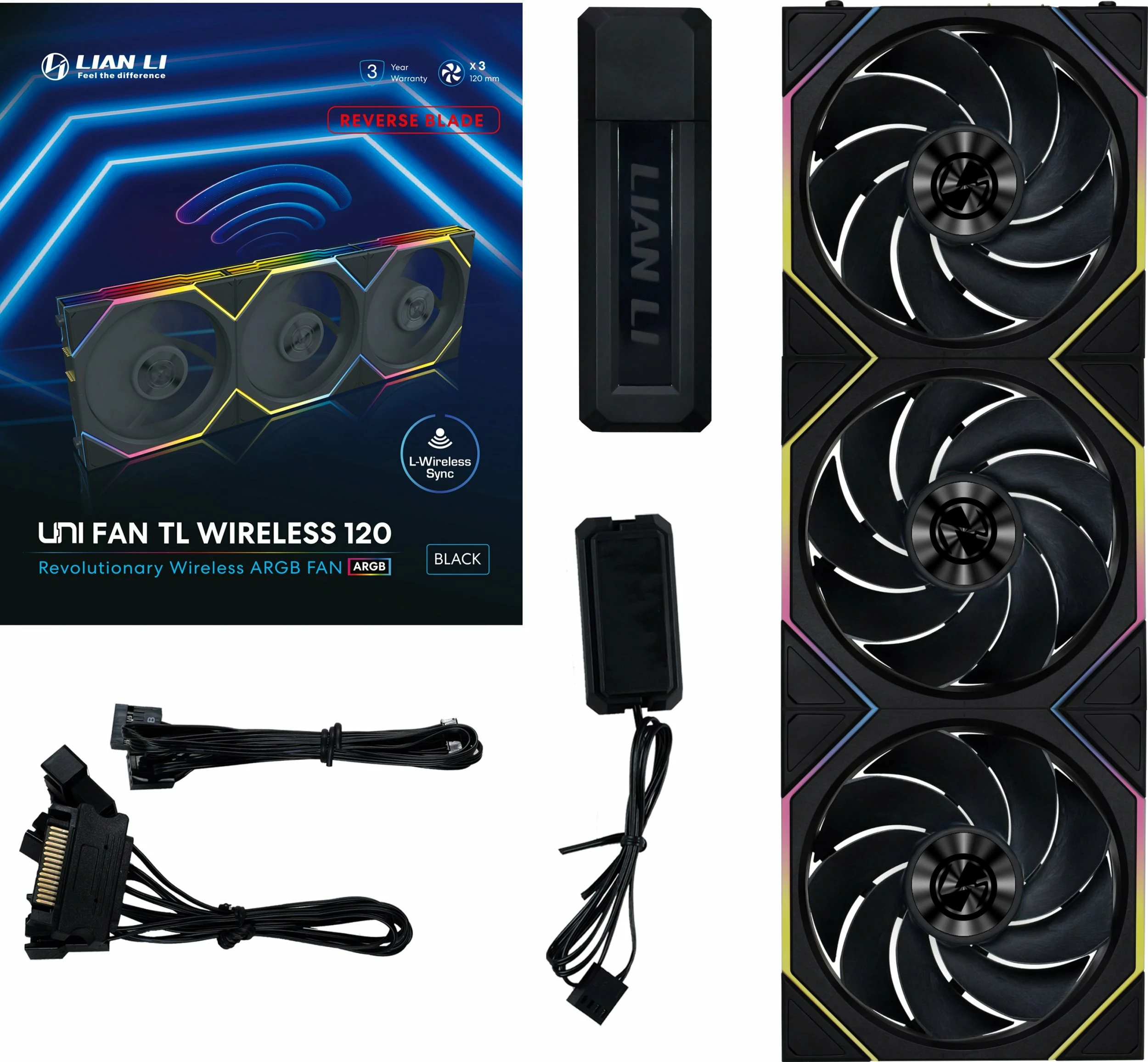 Ventilator kompjuteri Lian Li UNI FAN TL Wireless 120 Reverse Blade 12RTL1W3B, ARGB, PWM 4-pin, 120mm, set 3 copë, i zi