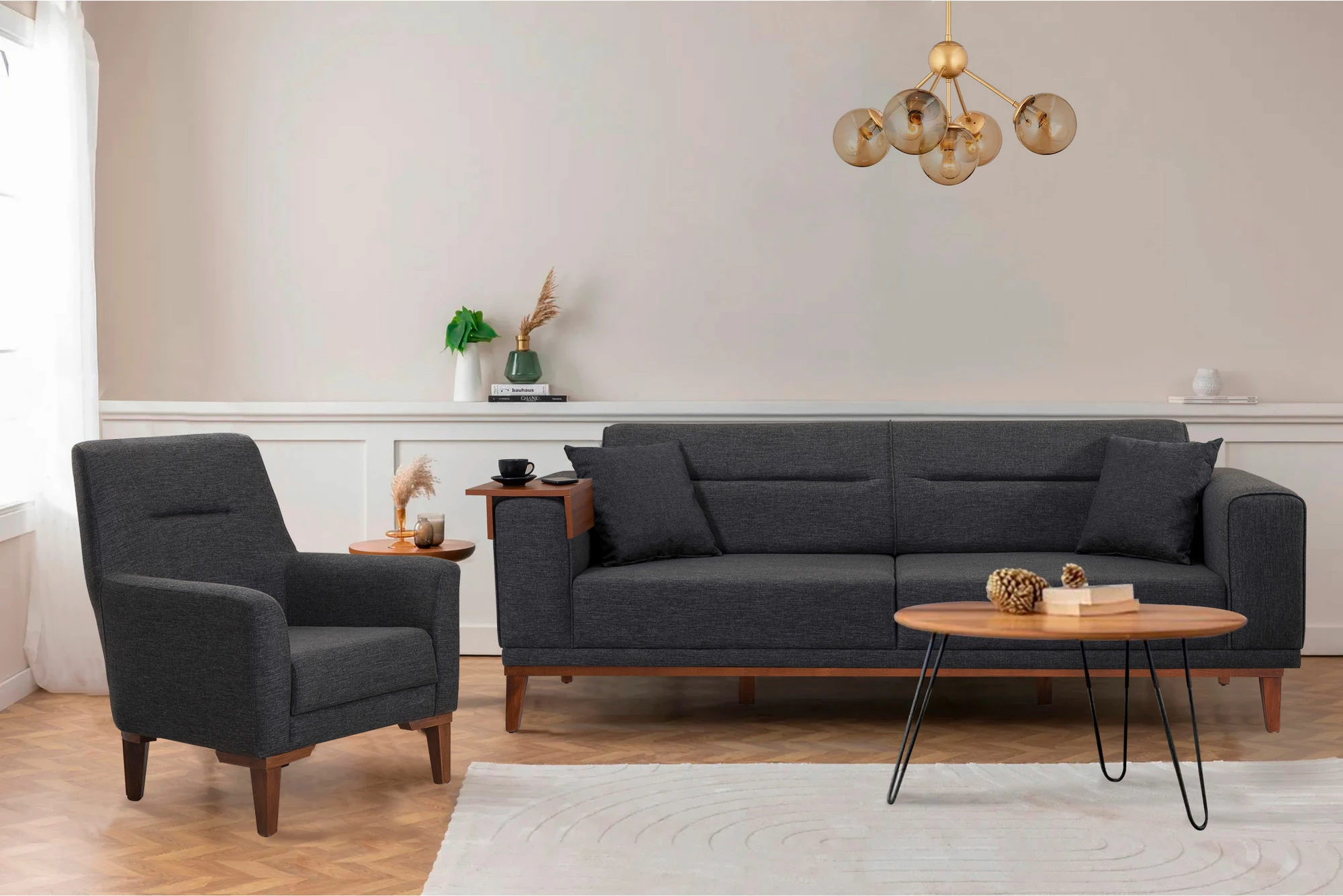 Set divan-krevat, karrige dhe tavolinë anësore, ngjyrë antracit, Liones 1053