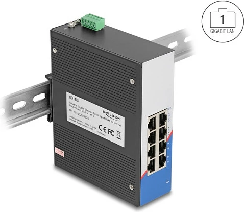 Switch DeLOCK 80163, 8x Gigabit RJ-45, DIN rail, 9-48V DC, i zi