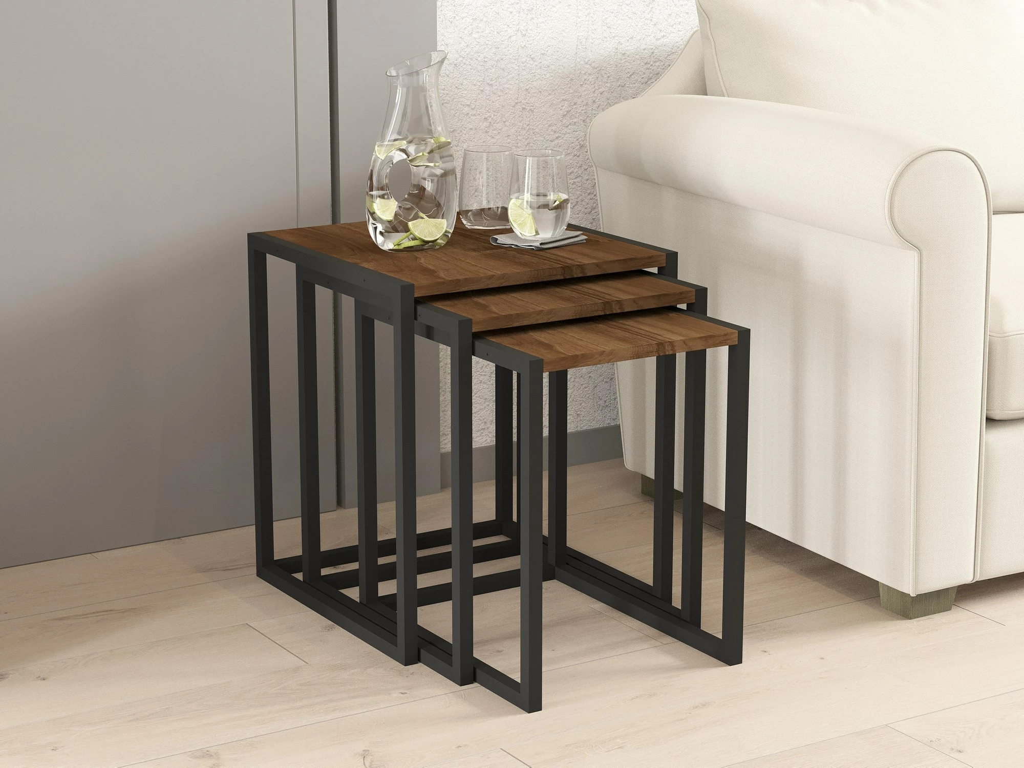 Set tavolinash ndihmëse të vendosshme, ngjyrë e zezë dhe arre, 3 copë, Hanah Home, Tali