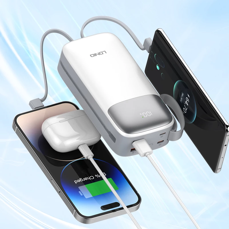 Power bank LDNIO PQ30 30000mAh 22.5W me kabllo të integrume USB-C/Lightning, 2 porta USB, e bardhë