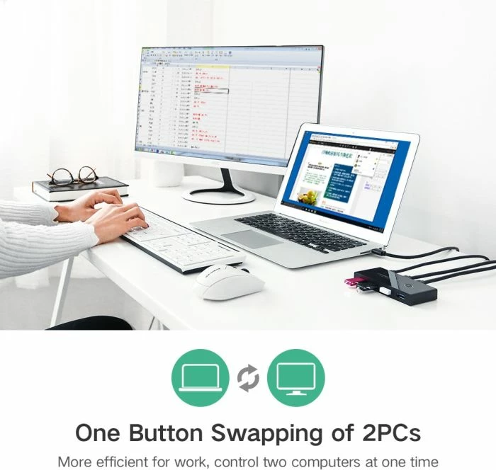 Switch USB UGREEN 30768, 4x USB 3.0, për 2 kompjuterë, i zi, set me 2 kabllo USB