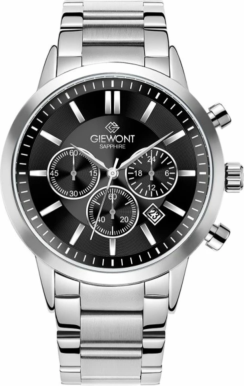 Orë dore meshkuj Giewont GW8510-B1, argjendtë me rrip çeliku, me kronograf, e zezë