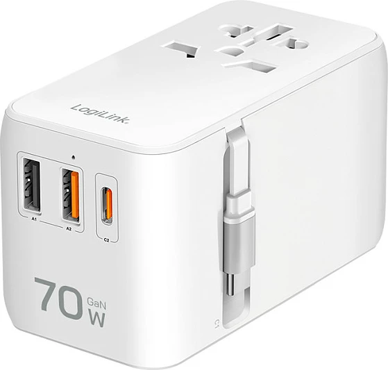 Karikues udhëtimi LogiLink 70W GaN, 4 porta (2x USB-A QC, 2x USB-C PD), i bardhë