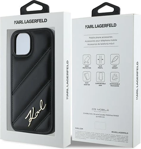 Mbështjellës Karl Lagerfeld Diagonal Quilted Script për iPhone 13, i zi