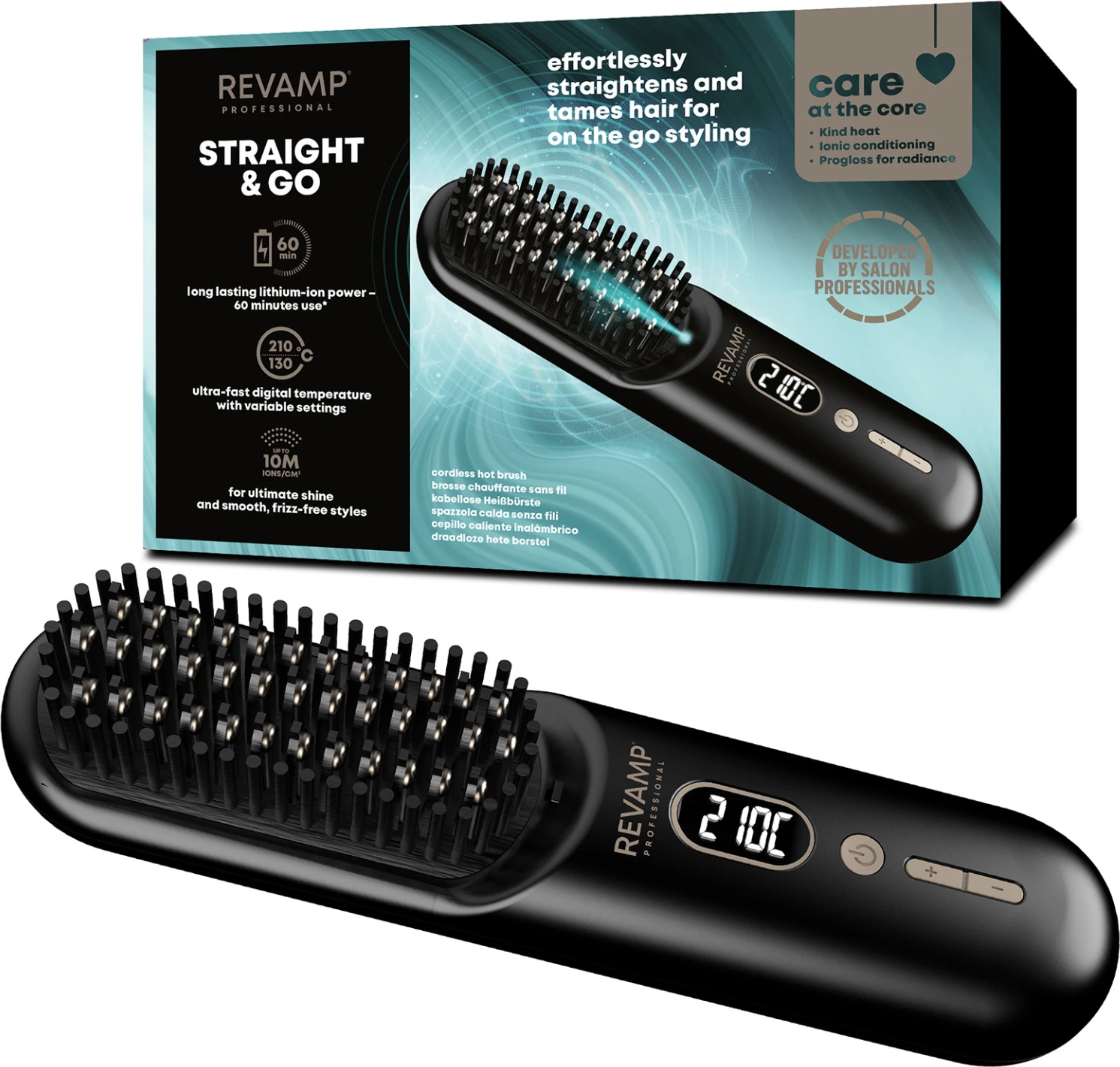 Brushë e nxehtë pa kabllo Revamp Straight & Go BR-1950, jonike, 120–210°C, LCD, e zezë, me çantë udhëtimi + kabllo USB-C