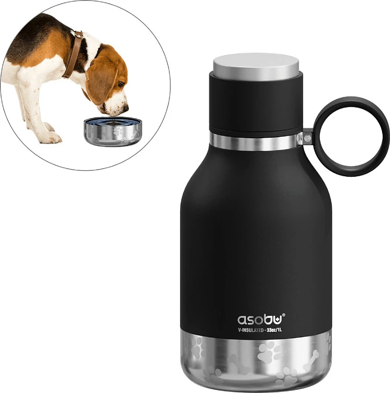 Shishe uji me tas për qen Asobu, 1000 ml, çelik inox, e palosshme, kundër rrjedhjes, e zezë