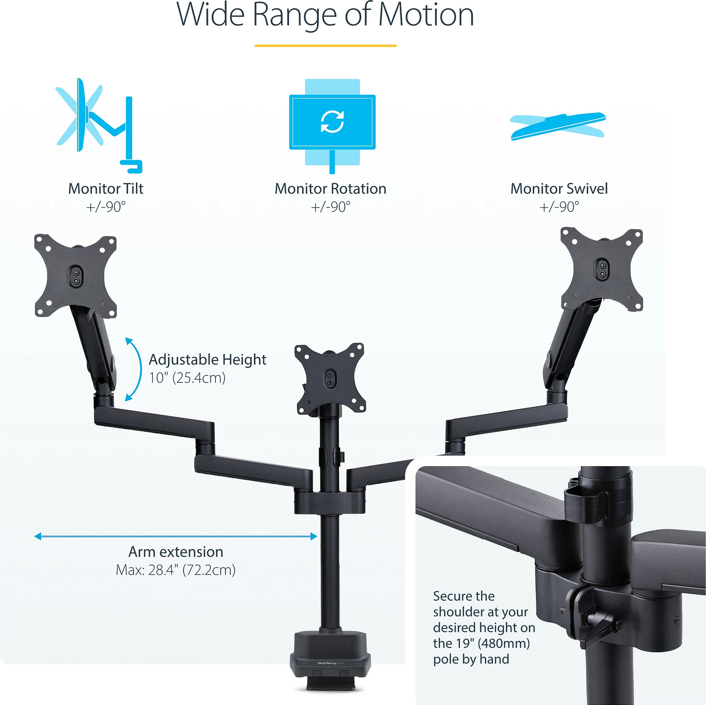 Mbajtëse tavoline për 3 monitorë StarTech, deri 27", VESA 75x75/100x100, clamp/grommet, e zezë