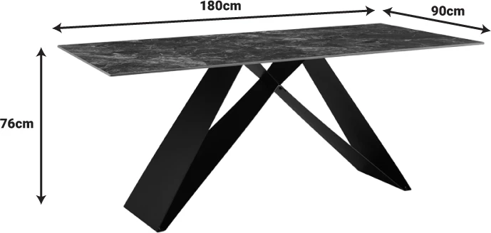 Tavolinë me sipërfaqe prej guri të sinterizuar, këmbë metalike, ngjyrë e zezë, 180x90x76cm