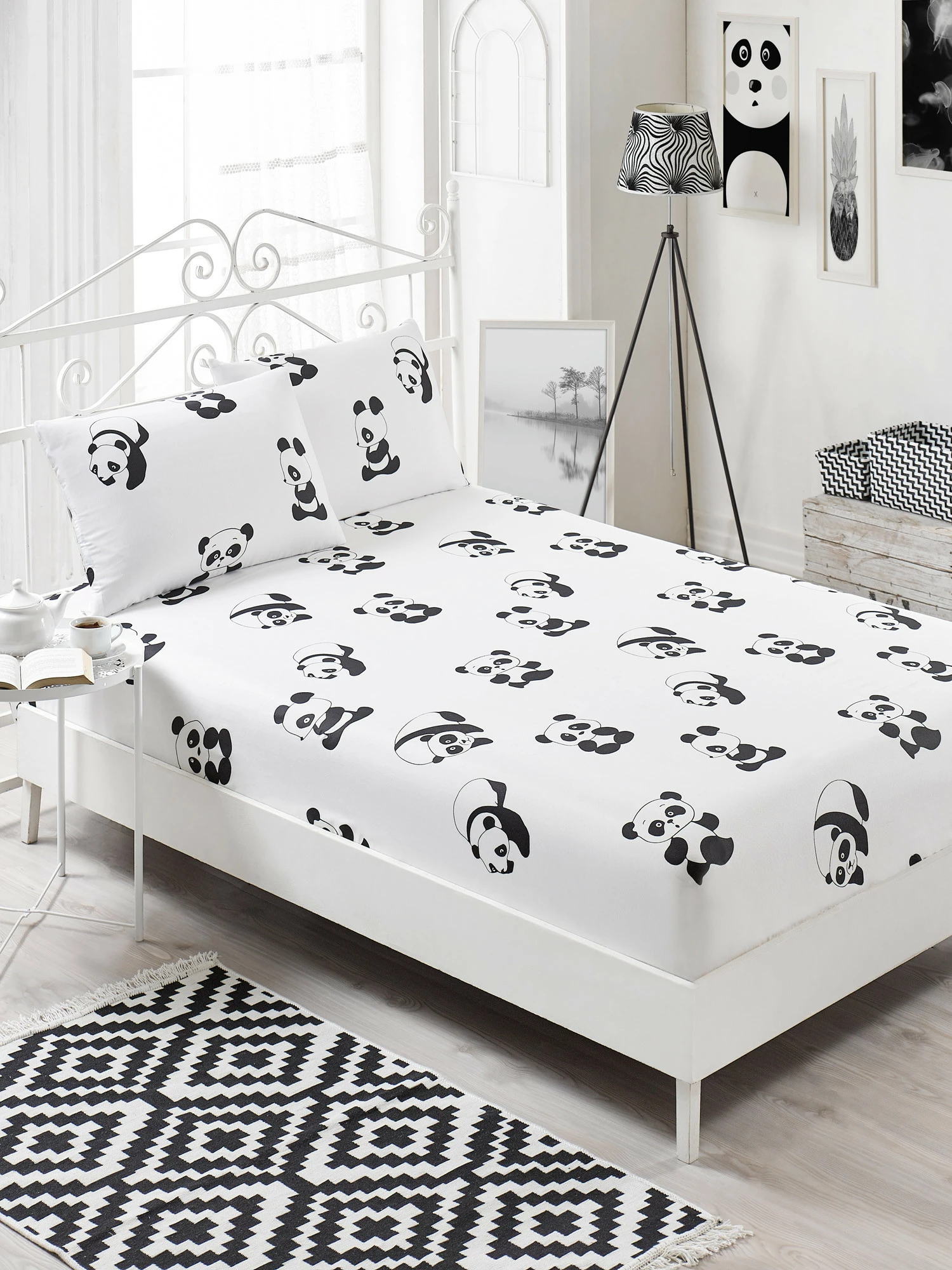 Set çarçafësh dopio, panda, ngjyrë bardh e zi