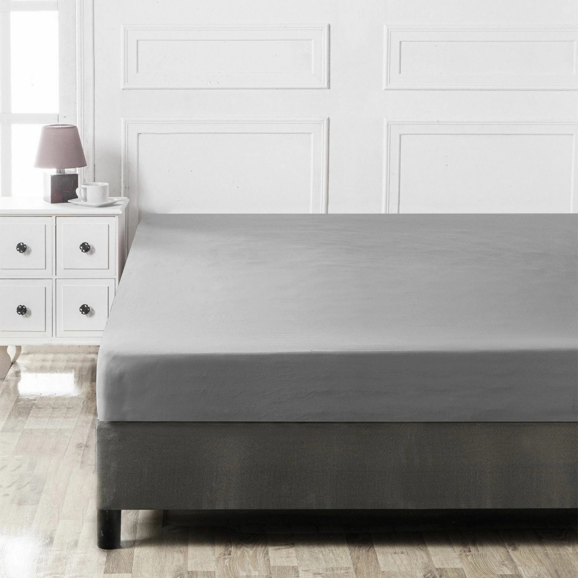 Çarçaf fitted super king, pambuk 100%, ngjyrë gri e errët, L'essentiel