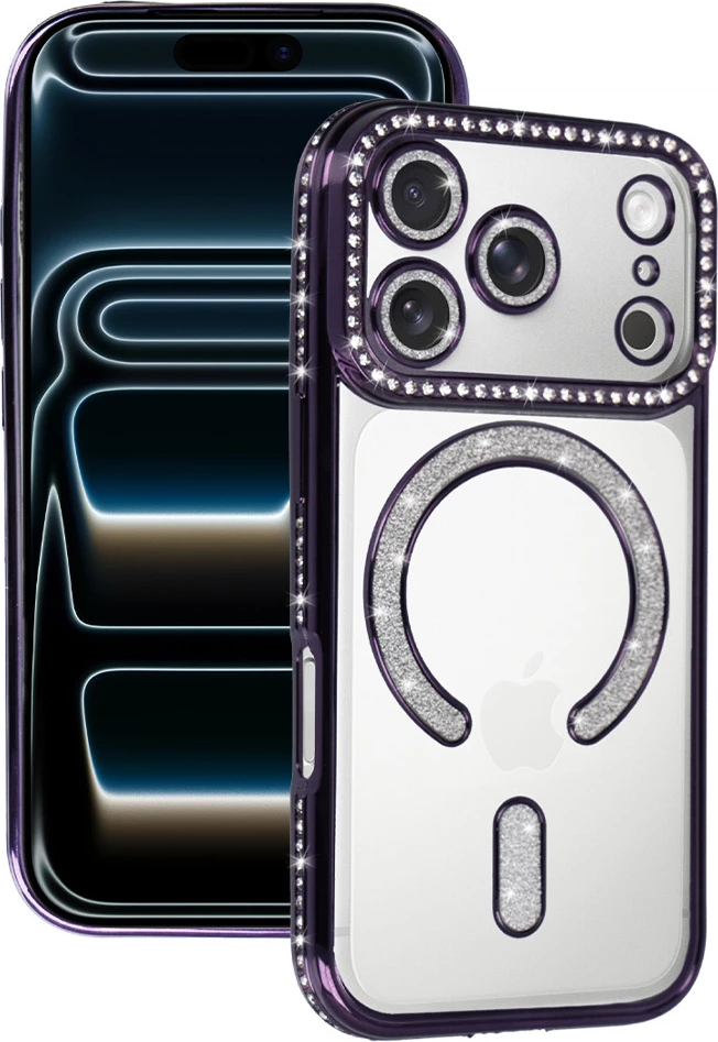 Mbështjellës silikoni ONASI 23893 Luxury MagSafe për iPhone 17 Pro Max, transparent vjollcë me xixa