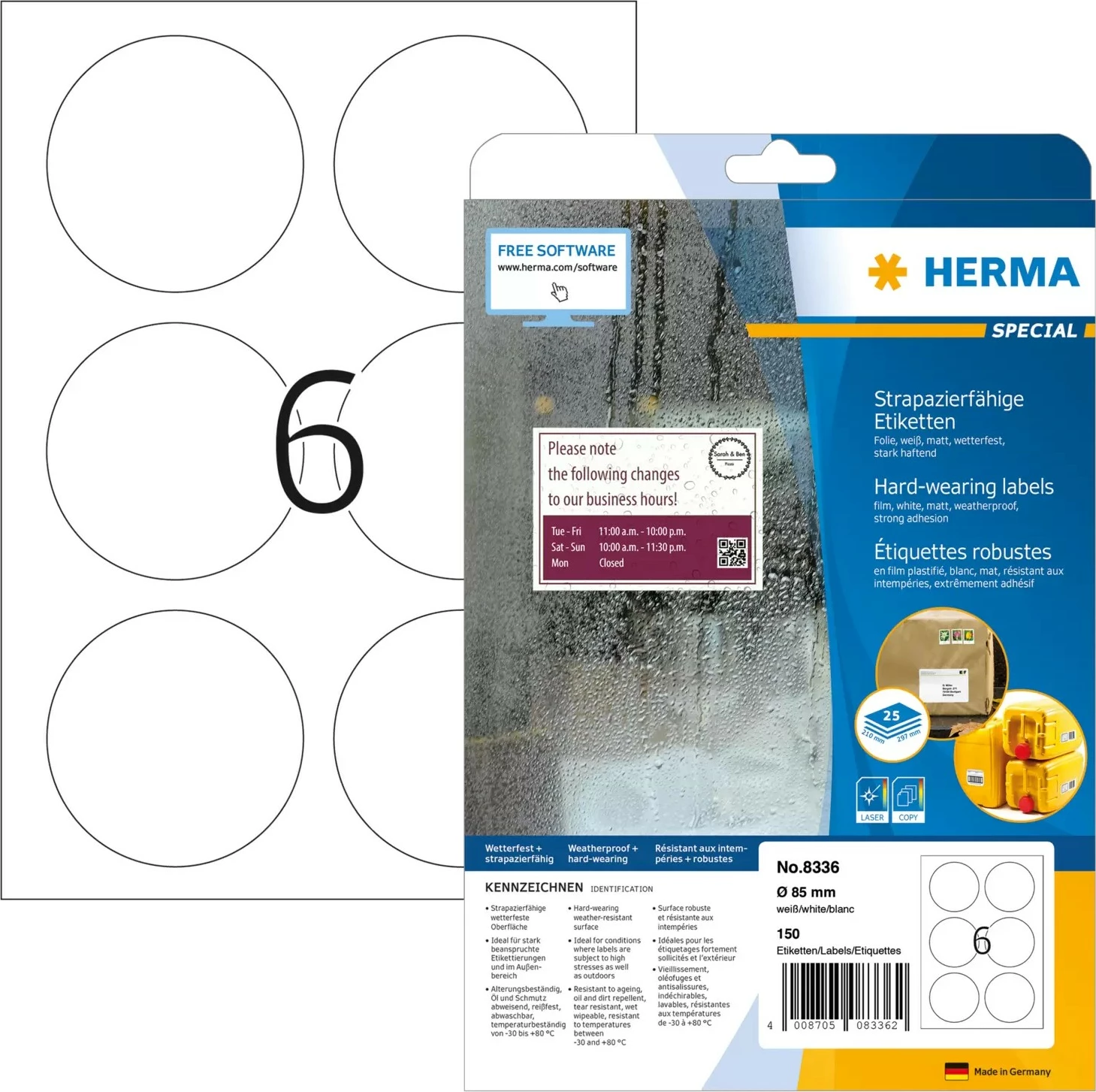 Etiketa vetëngjitëse HERMA Special, A4, poliestër, mat, të bardha, Ø 85 mm, 150 copë