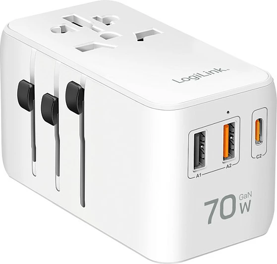 Karikues udhëtimi LogiLink 70W GaN, 4 porta (2x USB-A QC, 2x USB-C PD), i bardhë