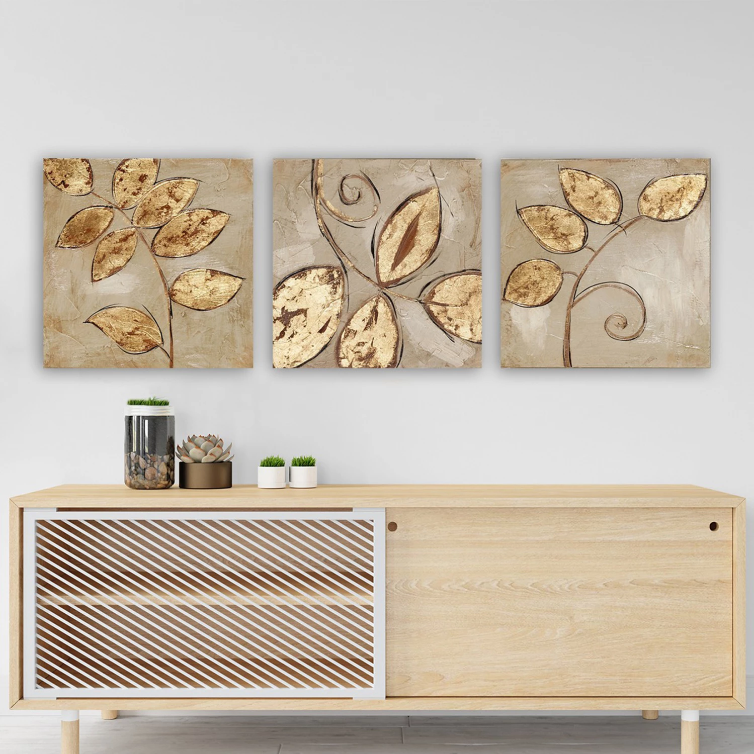 Pikturë triptik në kanavacë, gjethe të arta, FH7327, 90x3x30 cm