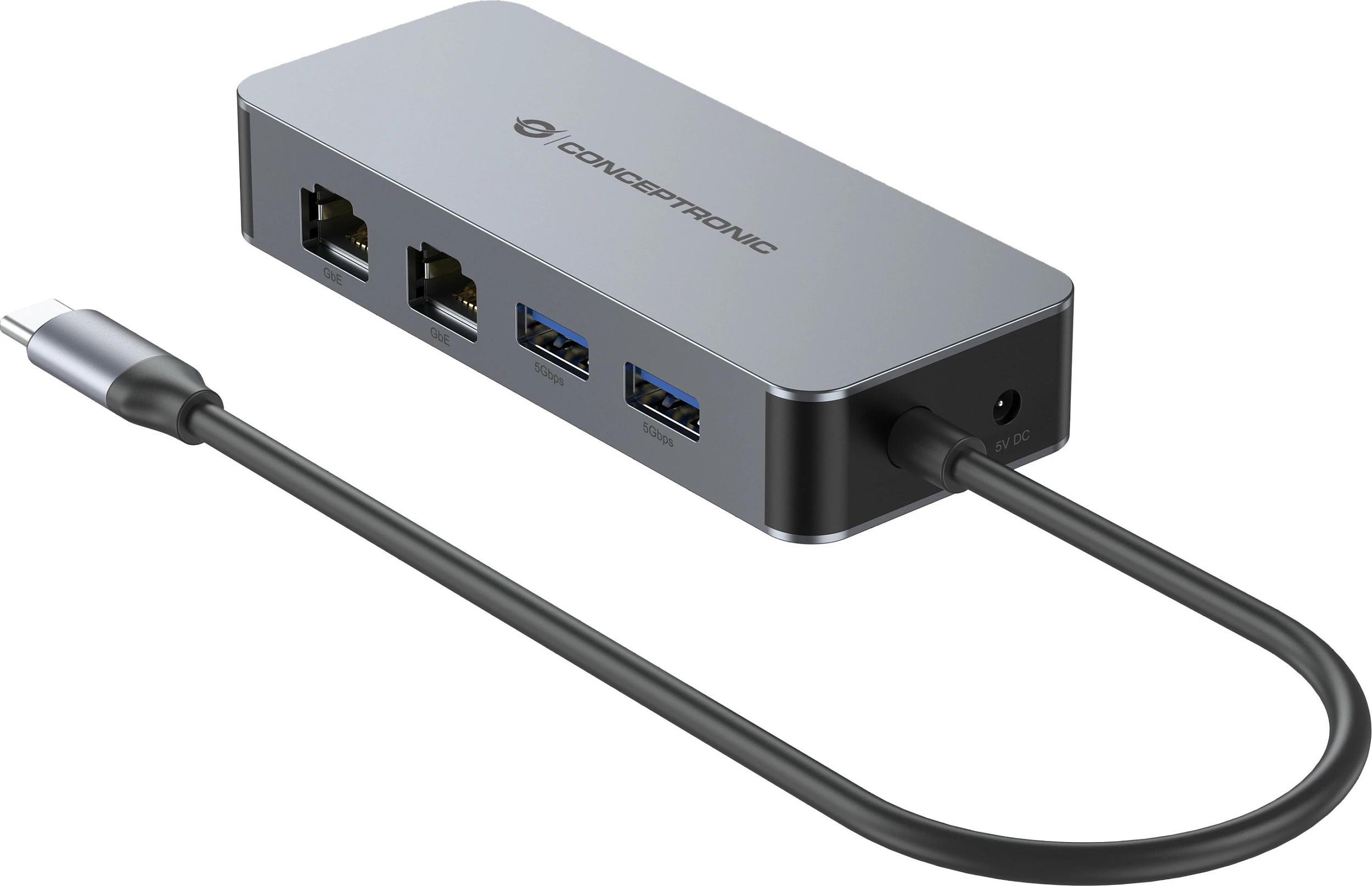 Adapter USB-C Conceptronic, 2xGbE + 2xUSB-A 3.2, 0.30m, gri