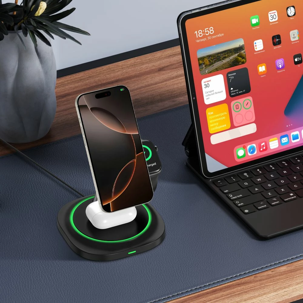 Karikues pa tela 3n1 magnetik MagSafe Tech-Protect QI15W-A46 15W, USB-C, me ndriçim ambient, set me kabllo USB-C/USB-C 1m, i zi