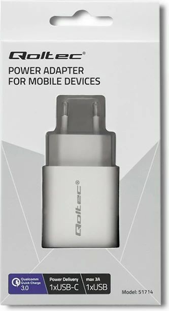 Karikues rrjeti Qoltec 51714, 18W, USB Type C PD & USB QC 3.0, Bardhë