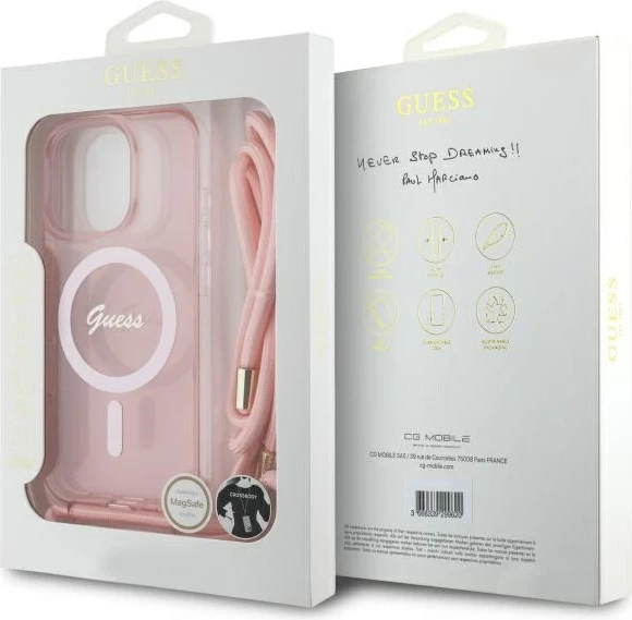 Mbështjellës Guess Crossbody Cord Script MagSafe për iPhone 16 Pro Max, Rozë