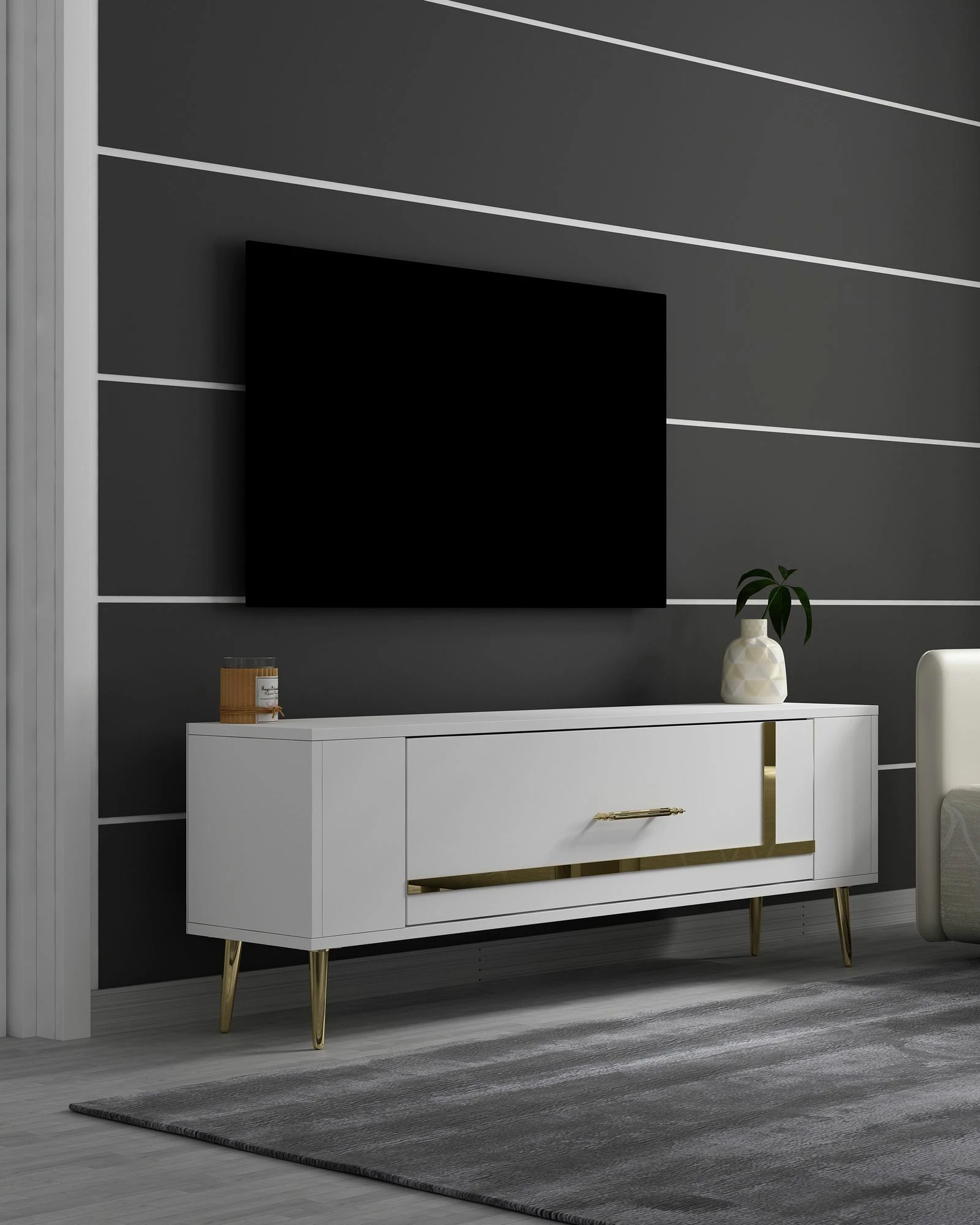 Komodë TV, ngjyrë e bardhë dhe ari, Skye Decor, Retrop1