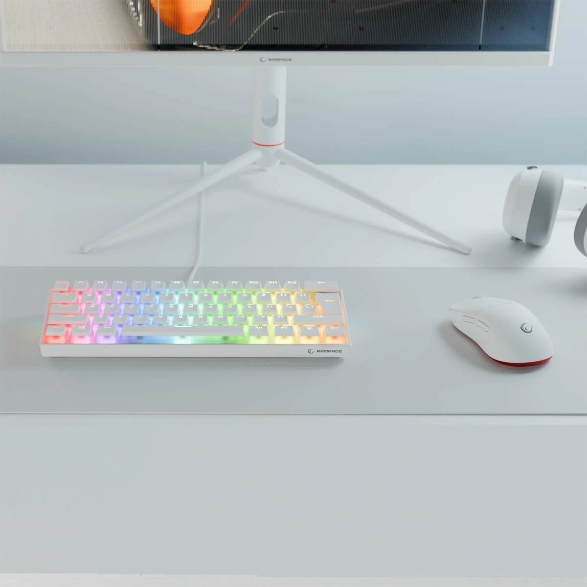 Tastierë gaming mekanike Rampage Radiant K11 60% RGB Blue Switch, e bardhë, me kabllo USB-C