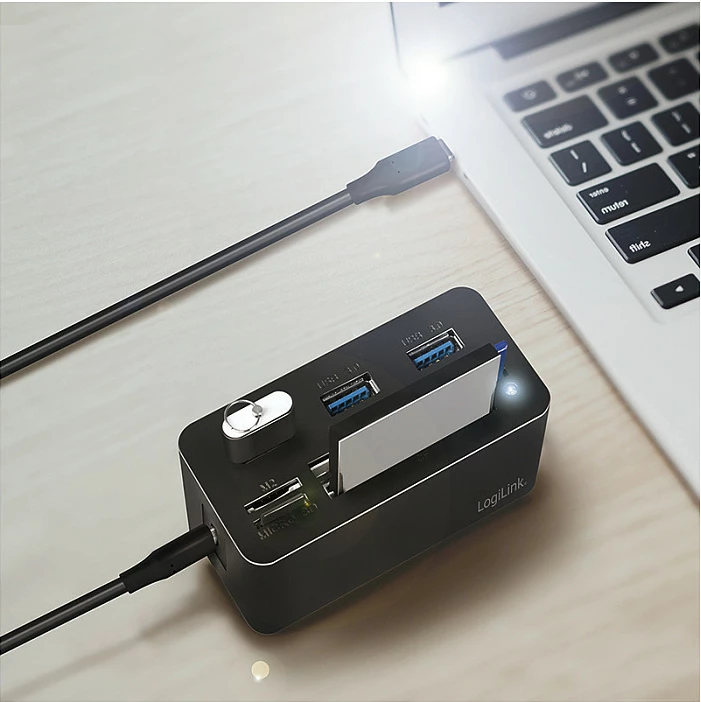 Mini docking station LogiLink USB 3.2 Gen1, 8-port, USB-C, lexues kartelash, i zi