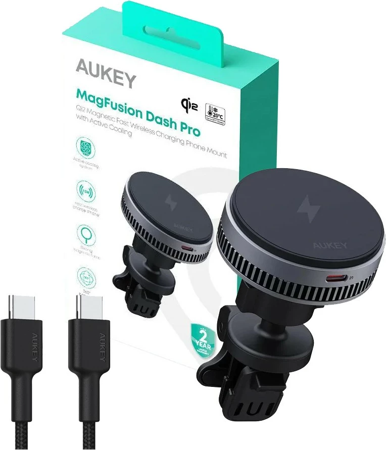 Mbajtës magnetik për veturë AUKEY HD-MC13A MagFusion Dash Pro, karikim wireless Qi2 15W, ftohje aktive, i zi