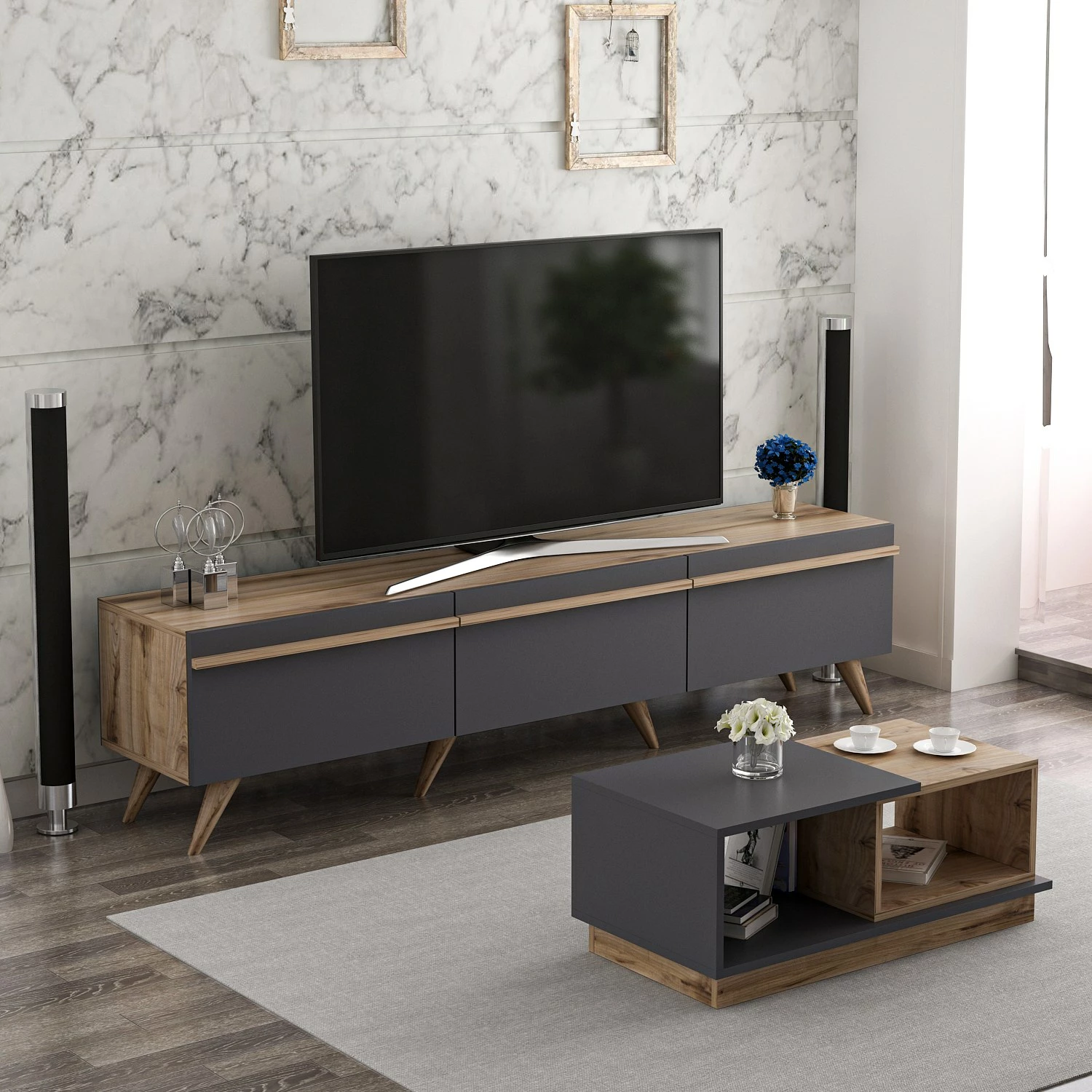 Set mobiljesh për dhomë dite, Skye Decor, Amsterdam, anthracite dhe walnut