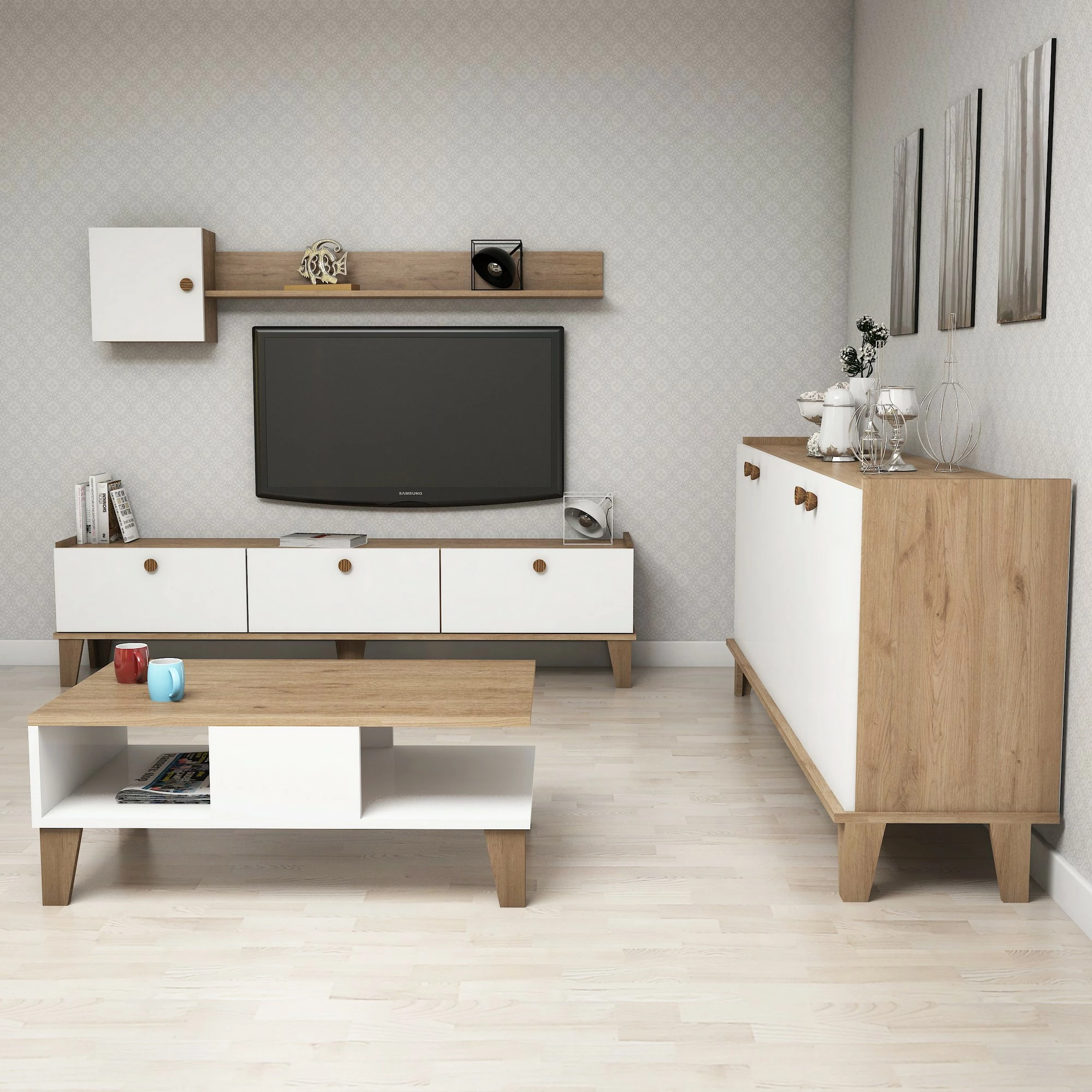 Set mobiljesh për dhomë dite, Hanah Home, Sumer 3, ngjyrë lis dhe e bardhë