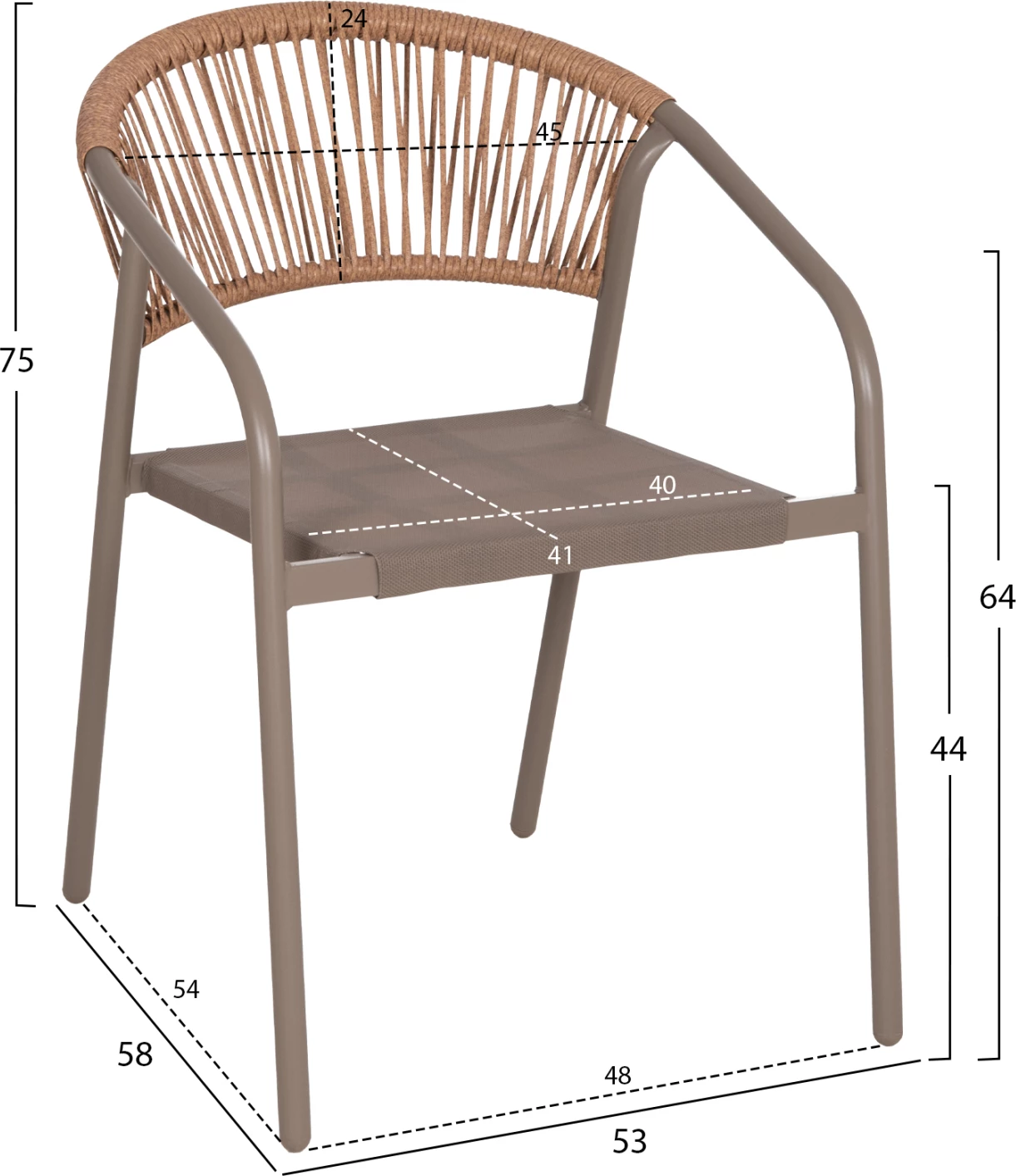 Karrige për jashtë, strukturë metalike, tekstilene ngjyrë shampanjë, ratan sintetik bezhë, 53.5x62x75cm