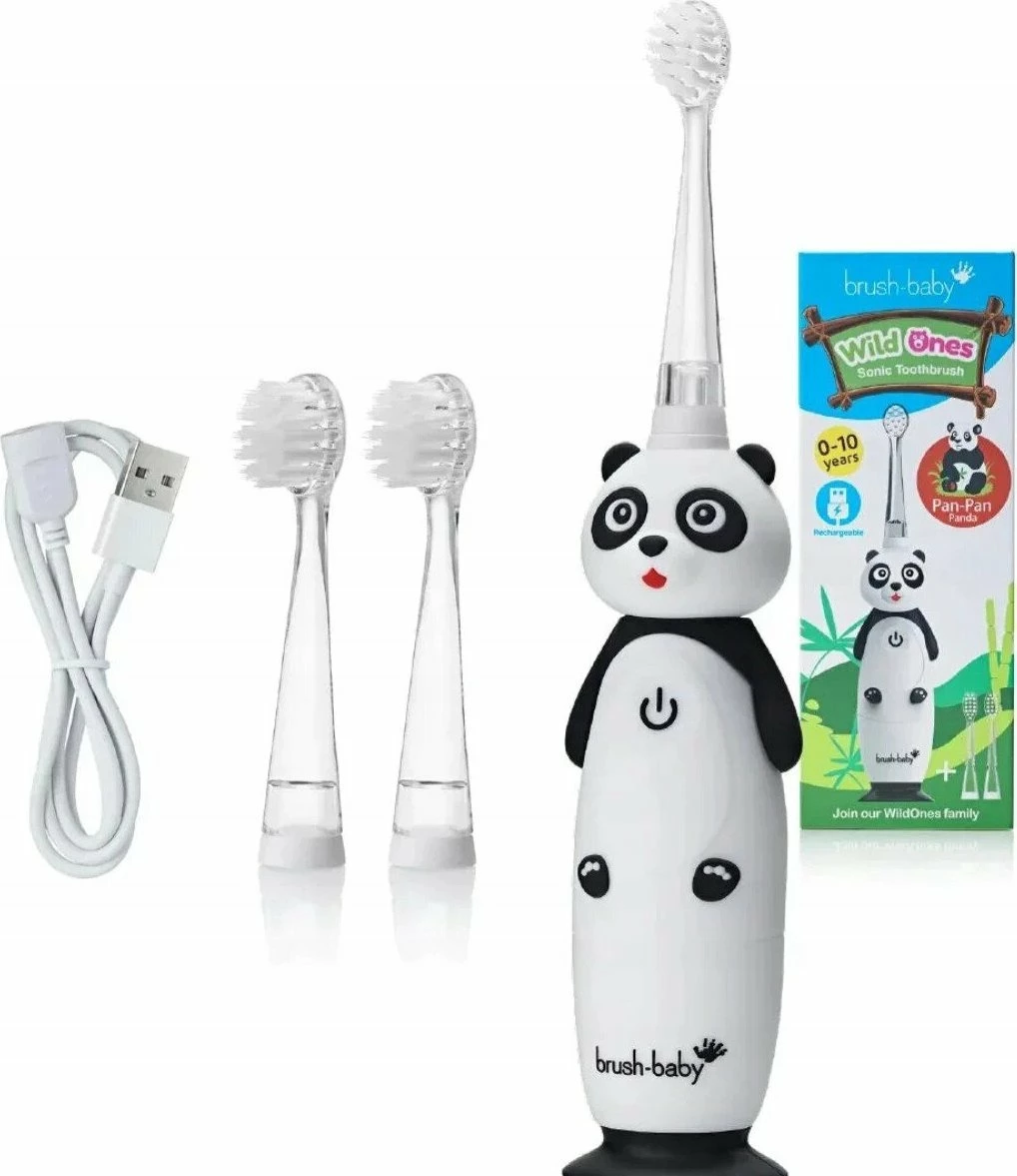 Furçë dhëmbësh elektrike Brush-baby WildOnes Panda, sonike 16000 lëvizje/min, 2 moda, set me 3 koka, e bardhë