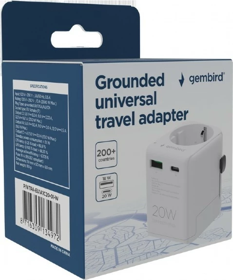 adapter udhëtimi me tokëzim, Gembird, TPA-EU1A1C20-01-W, 20W GaN, USB-C PD + USB-A QC, prizë Schuko, e bardhë