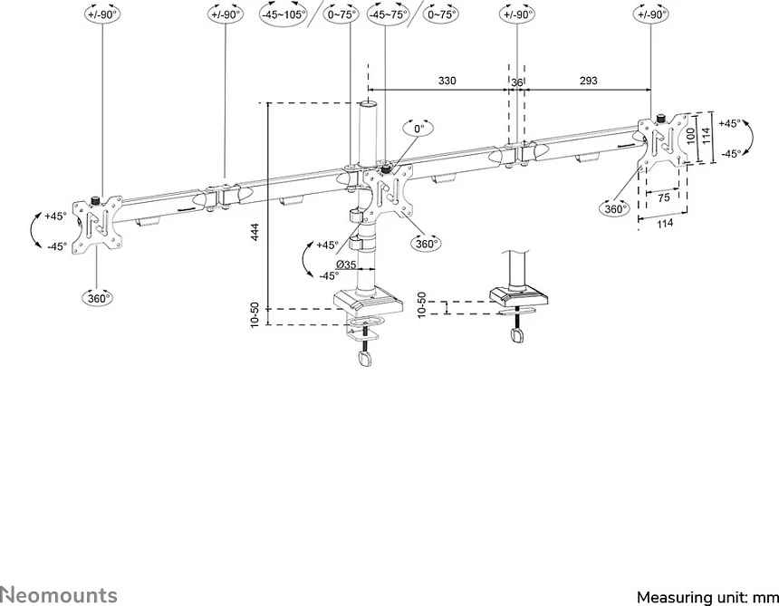 Krah monitorësh Neomounts NERO DS60-600BL3, për 3 monitorë 10-27", VESA 75x75/100x100, e zezë
