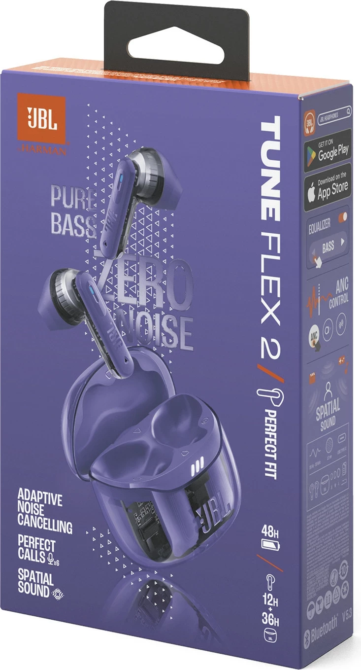 Kufje JBL Tune Flex 2, wireless in-ear, Adaptive Noise Cancelling, JBL Pure Bass & Spatial Sound, deri 48 orë bateri, Ghost Edition, Purple