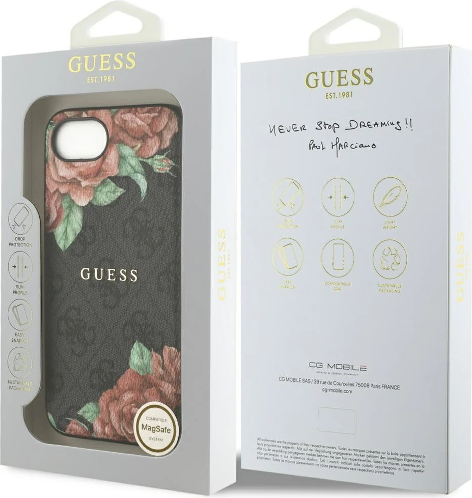 Mbështjellës Guess 4G Flowers Print MagSafe për iPhone 16e, i zi