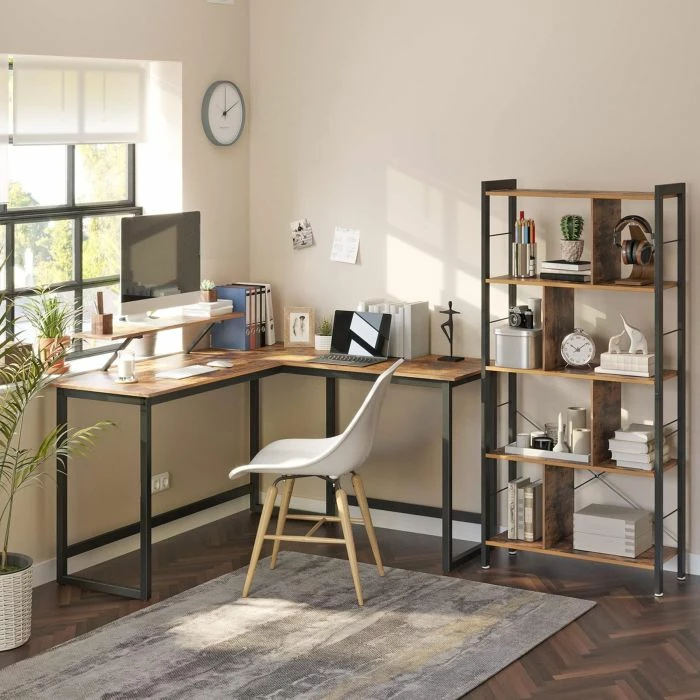 Tavolinë kompjuteri këndore L-shape VASAGLE/SONGMICS ALINRU LWD56X, 140×130 cm, me raft monitori, kafe rustike/zezë
