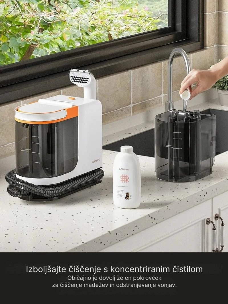 Pastrues i thellë me ujë të nxehtë për qilima dhe tapiceri Uwant B300 Pro 18000 Pa 600 W depo 1.2/1.4 L, me aksesorë + pastrues tekstili 500 ml, bardhë/portokalli