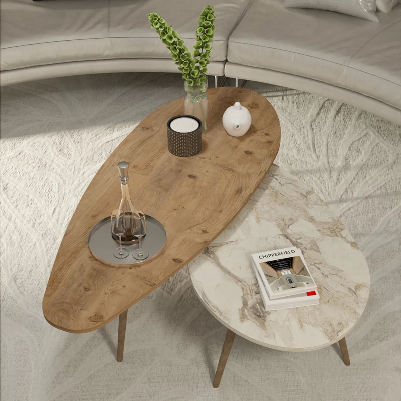 Set tavolinash kafeje Monty, 2 copë, ngjyrë natyrale-mermer bezhë, 116x46x46cm