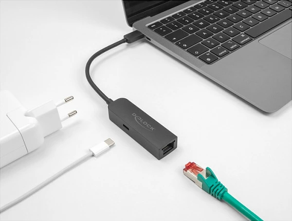 Adapter USB-C në LAN 2.5GbE DeLOCK, Power Delivery 100W, i zi