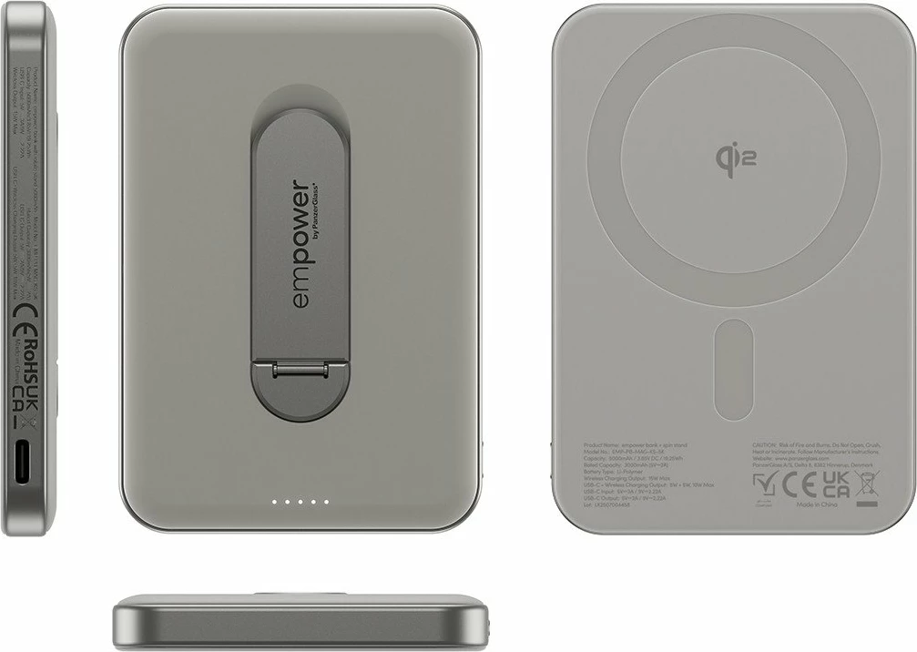 Powerbank PanzerGlass Bank Spin Stand 5000mAh Qi2 USB-C gri