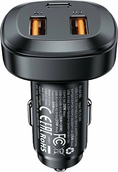 Karikues veture Acefast B9 66W, 2x USB-A + 1x USB-C, karikim i shpejtë, i zi