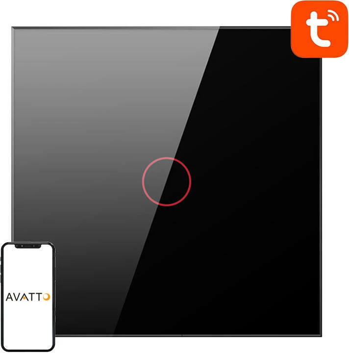Switch i mençur i dritës Avatto TS02-EU-B1, 1 kanal (1 way), Wi‑Fi, TUYA/Smart Life, touch, 10A 800W, i zi
