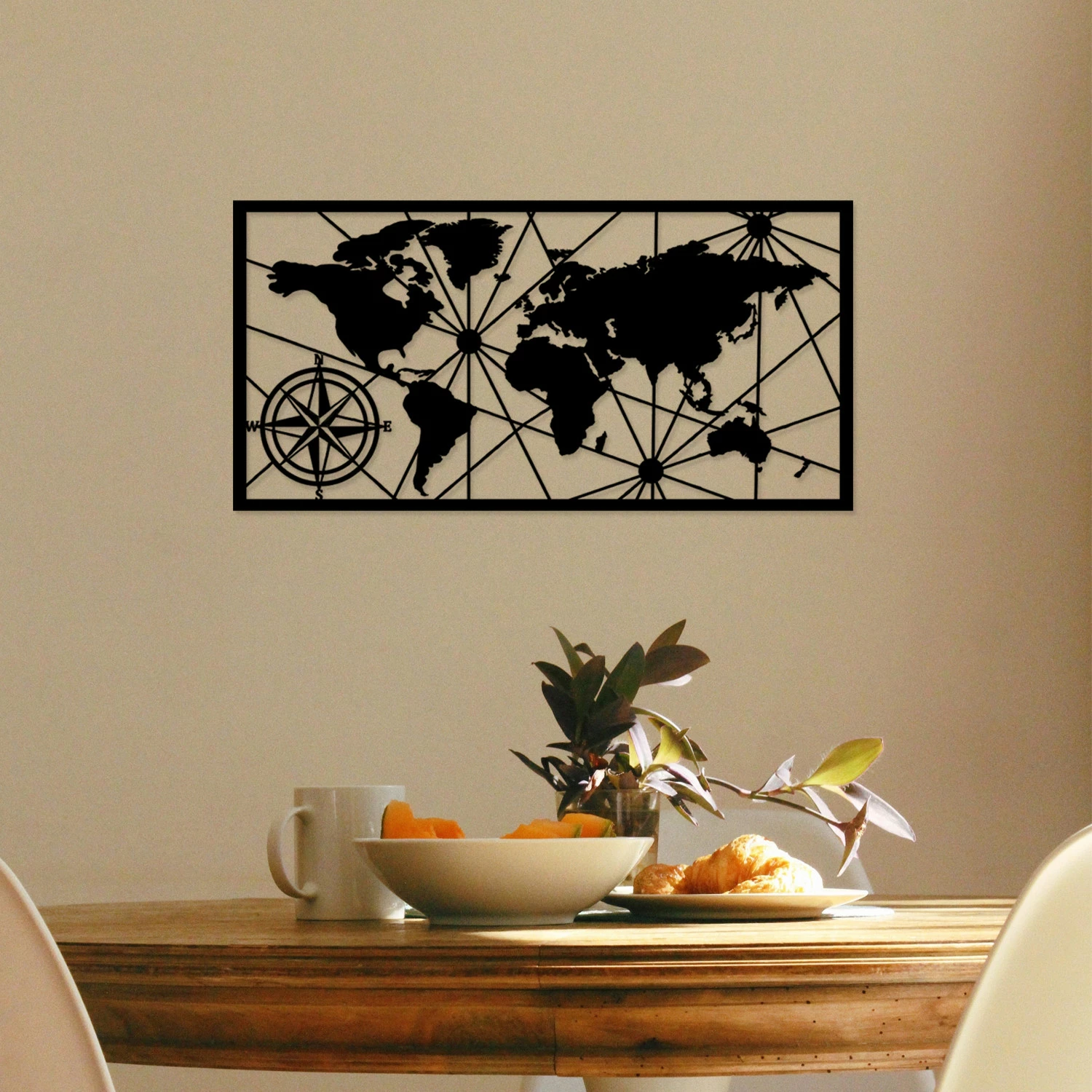 Aksesor dekorativ metalik për mur, hartë bote, ngjyrë e zezë, 100x50cm