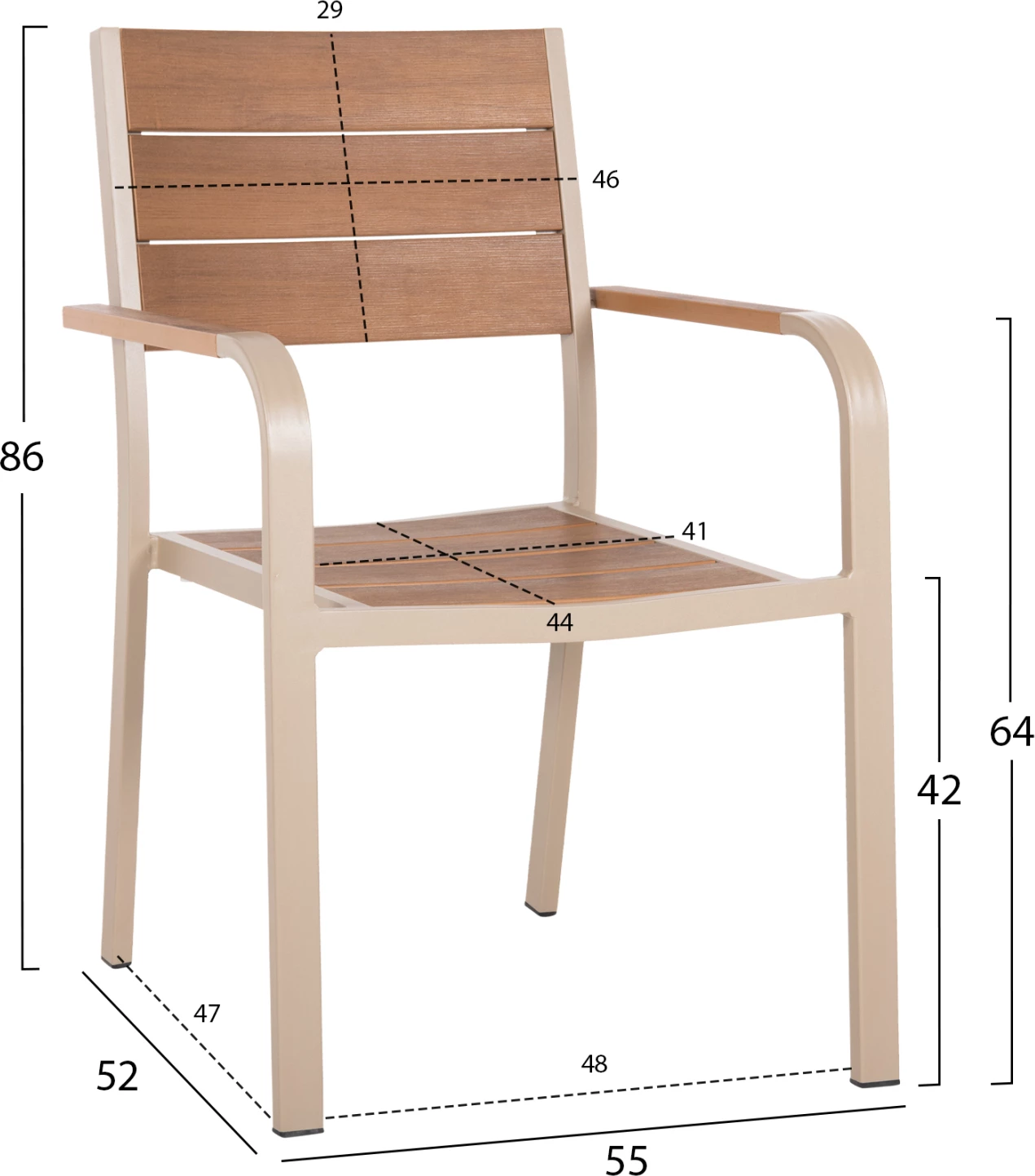 Karrige alumini SAGA FH5127.04, ngjyrë shampanjë, me ulëse dhe mbështetëse polywood, 55x52x86H cm