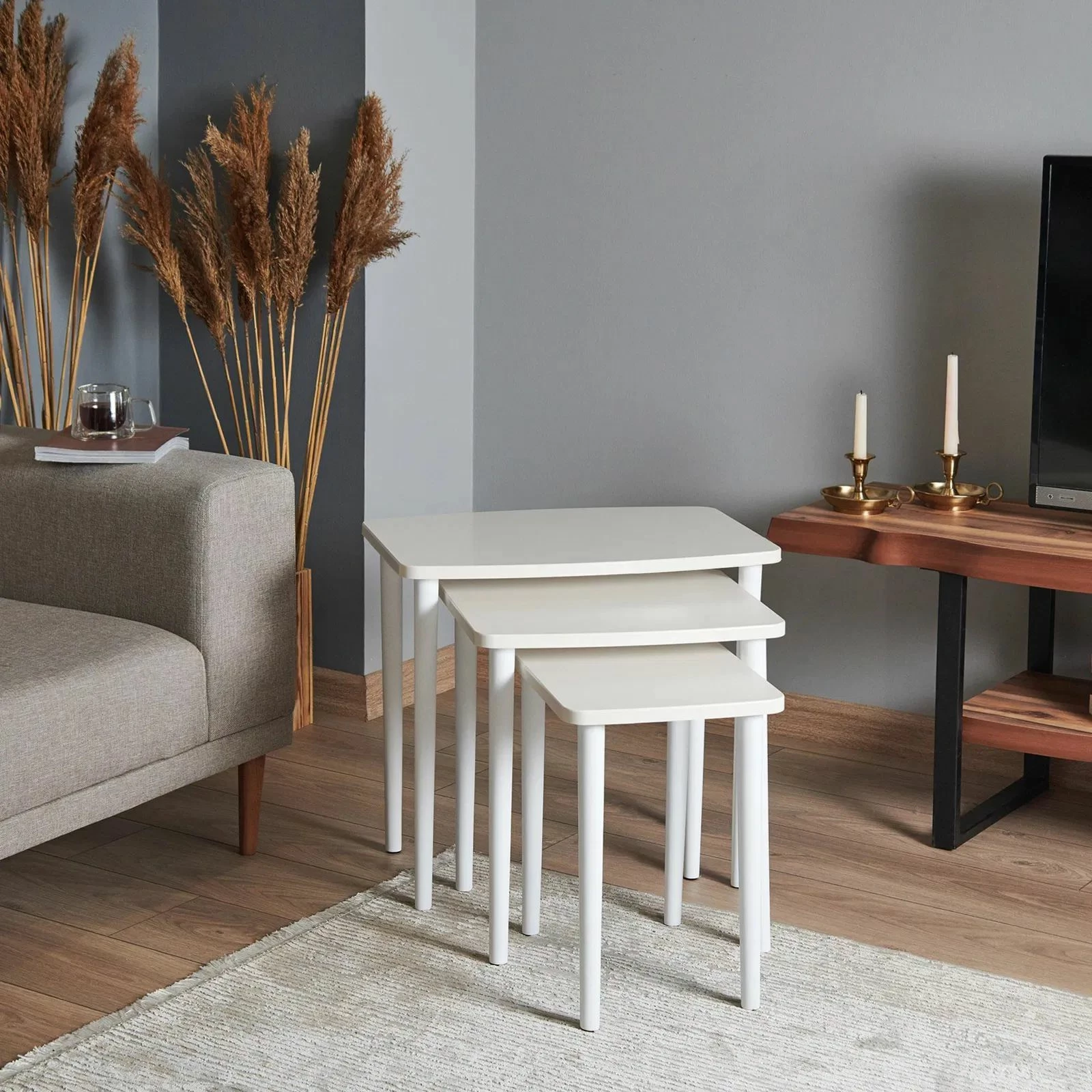 Set tavolinash ndihmëse të mbivendosura, krem, Skye Decor, Tuval 061, 3 copë